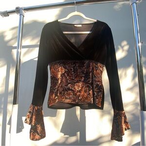 Y2K Black & Orange Velvet Paisley Blouse Size Medium